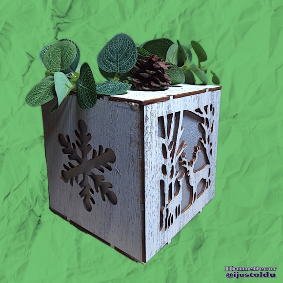 LED Wooden Candle Box with Snowflake & Forest Design | 5″×5″×5″ | Birch White - Picture 7 of 17